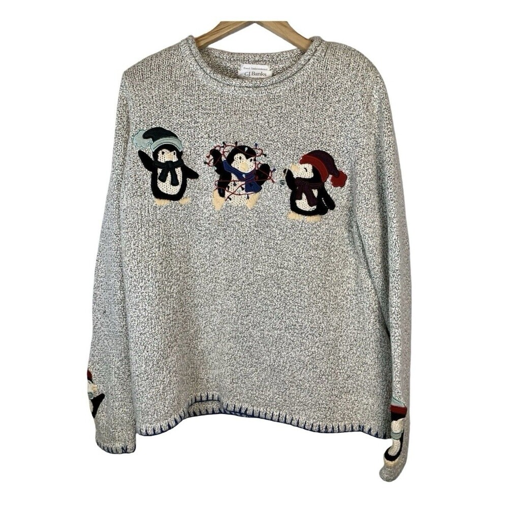 Christopher Banks Gray Heavyweight Embroidered Penguin Pullover Sweater X (14)